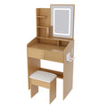 Modern Wood Vanity Table with LED Mirror, Power Outlet, Hairdryer Holder & Padded Stool – Compact Dressing Desk for Small Bedrooms