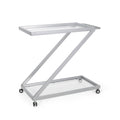 Modern Z-Shaped Bar Cart with Tempered Glass Shelves in Silver Glass+Metal