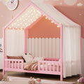 Montessori Floor Bed with Canopy, Twin Bed Frame for Kids, House Shape Kids Bed Frame with High Railings, Wood Kids Bed with Roof, Kid Twin Bed, Pink