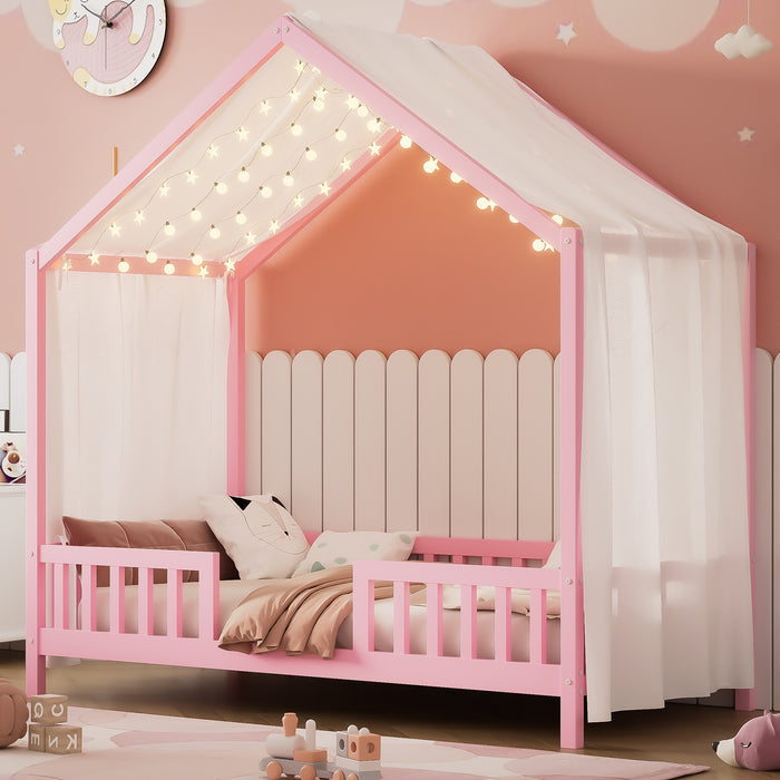 Montessori Floor Bed with Canopy, Twin Bed Frame for Kids, House Shape Kids Bed Frame with High Railings, Wood Kids Bed with Roof, Kid Twin Bed, Pink