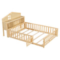 Natural Full-size Montessori Floor Bed with Bookcases and Blackboards, Solid Wood Platform Bed with Guard Rails and Storage Headboards