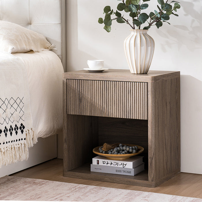 Night Stand Nightstand with Drawer Storage Fluted Bed Side Table End Table Large Modern Wide Bedside Stand Mid Century Night Stands for Bedroom Living Room Sofa Couch Home Office, Grey Alder