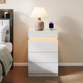 Nightstand with Built-In Charging Station and LED Lighting, 3-Drawer Sliding-Top Modern Bedside Table, WhiteWooden End Table
