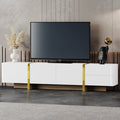 ON-TREND Luxury Fluted TV Stand for TVs Up to 80'', Modern Entertainment Center with Storage Cabinets & Drawers, Smooth Media Console with Golden Wood Grain Legs for Living Room, White