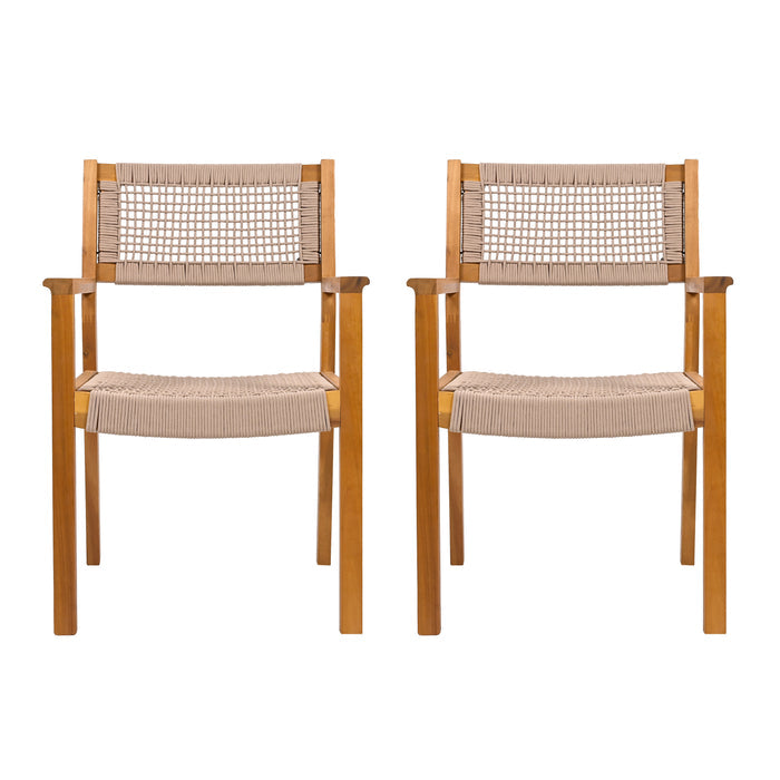 Outdoor Dining Chair Set of 2, Patio Chairs, Teak Acacia Wood, Light Brown Rope
