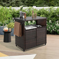 Outdoor Wicker Bar Cart, Patio Wine Serving Cart w/Wheels , Rolling Rattan Beverage Bar Counter Table plastic wood Top for Porch Backyard Garden Poolside Party, Light brown
