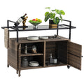 Outdoor Wicker Bar Cart, Patio Wine Serving Cart w/Wheels , Rolling Rattan Beverage Bar Counter Table w/Glass Top for Porch Backyard Garden Poolside Party, Light brown