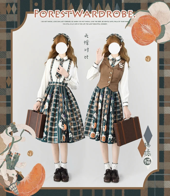 Persimmon Cat Suspender Skirt and Blouse
