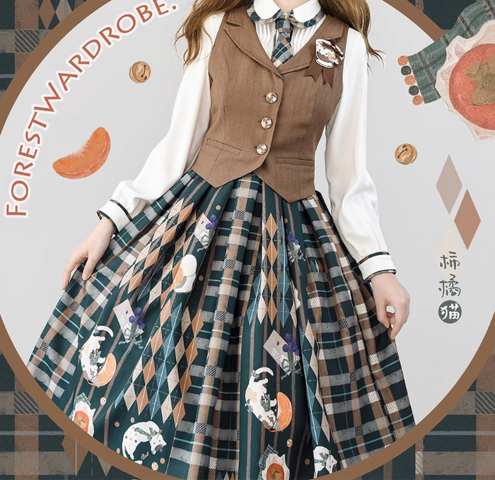 Persimmon Cat Suspender Skirt and Blouse