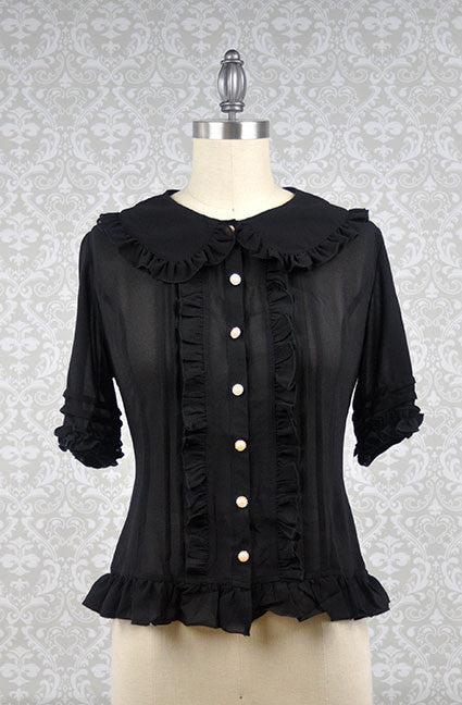Peter Pan Collar Short Sleeve Blouse in Black (Multiple Sizes) - Lolita Collective