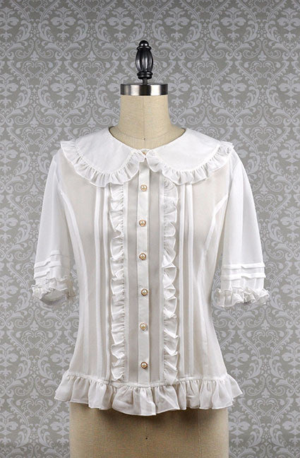 Peter Pan Collar Short Sleeve Blouse in White - Lolita Collective