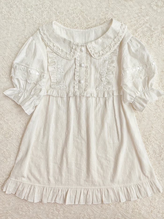 Peter Pan Collar White Lace Blouse With Puff Sleeves