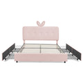 Pink Kids Upholstered Bed with Oversized Rabbit Ear Headboard, LED Light & 4 Storage Drawers in Boucle Fabric, Full Size (79.5''X55.75''X41'')