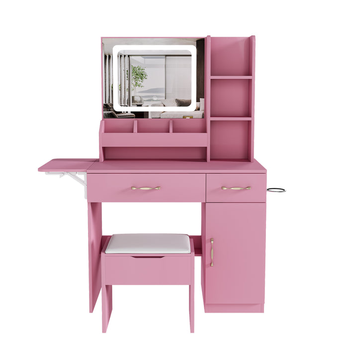 Pink Vanity Desk with LED Mirror Lights and Power Outlet Charging Station, Makeup Dressing Table with 3 Drawers, 7 Shelves, Storage Stool for Girls and Women