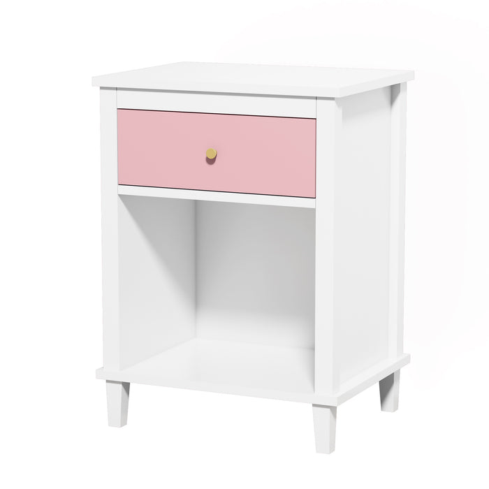 Pink+Golden Handle Wooden Nightstand 26.77''H with One Drawer One Shelf for Kids and Adults