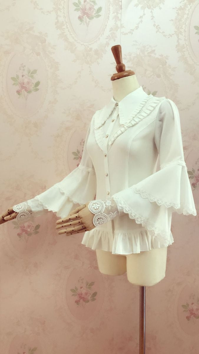 Pleated Collar Long Bell Sleeve Blouse