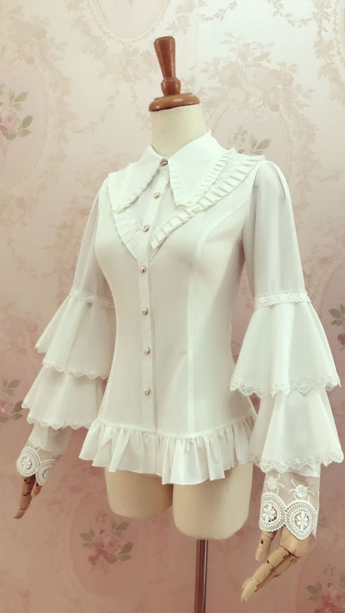 Pleated Collar Long Bell Sleeve Blouse
