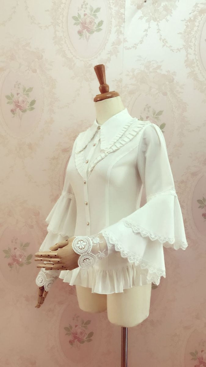 Pleated Collar Long Bell Sleeve Blouse