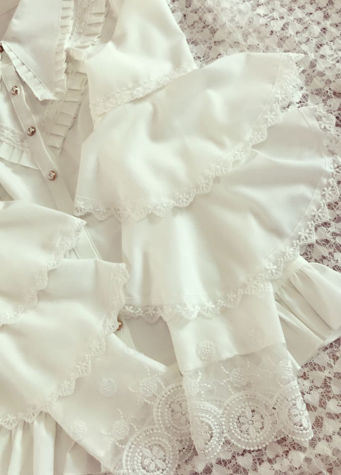 Pleated Collar Long Bell Sleeve Blouse