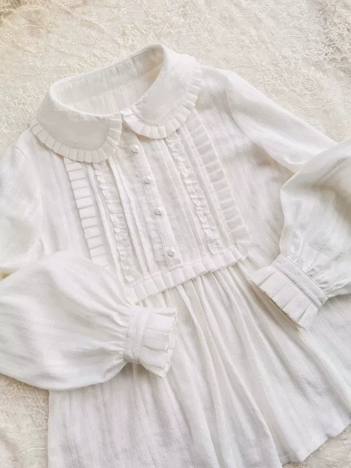 Pleated Collar Long Sleeve Cotton Blouse