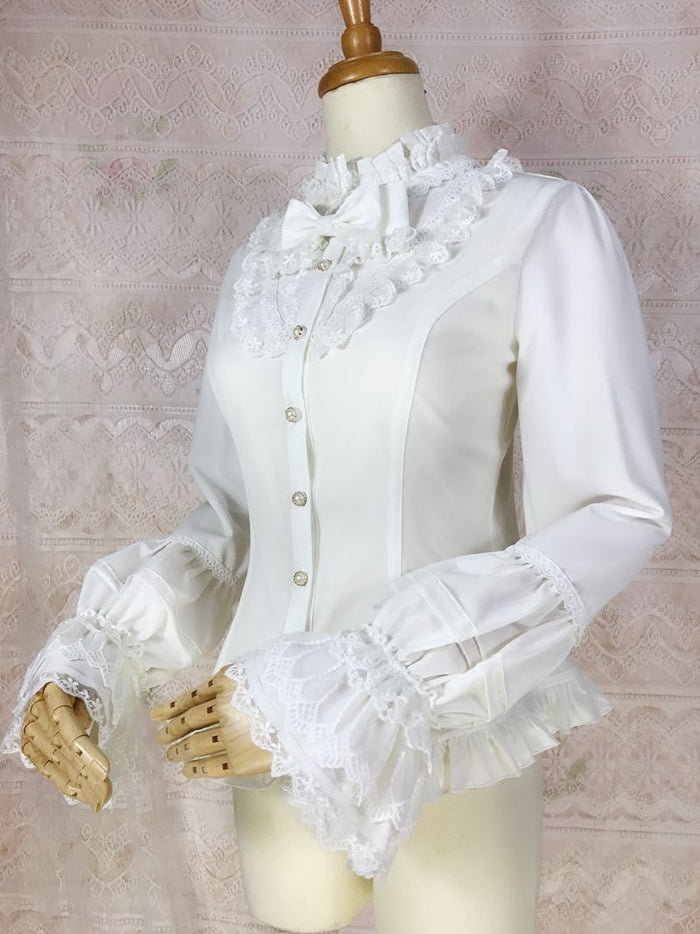 Pleated & Lace High Collar Long Sleeve Blouse