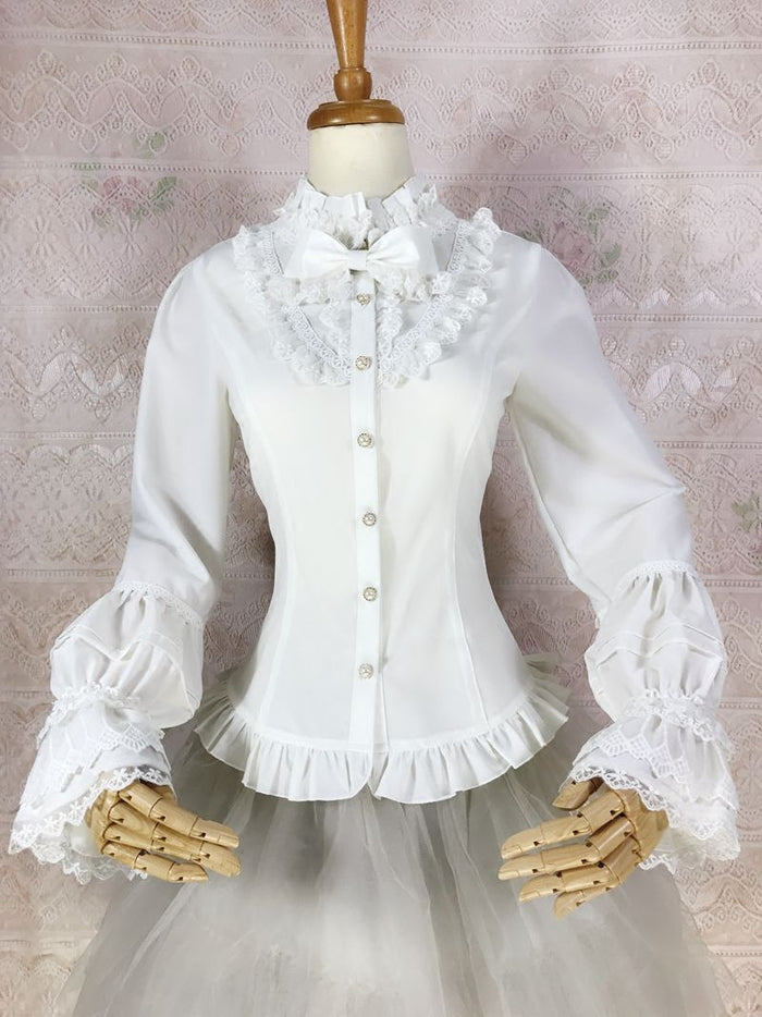 Pleated & Lace High Collar Long Sleeve Blouse