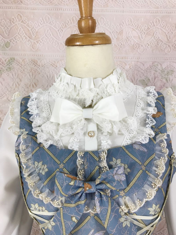 Pleated & Lace High Collar Long Sleeve Blouse