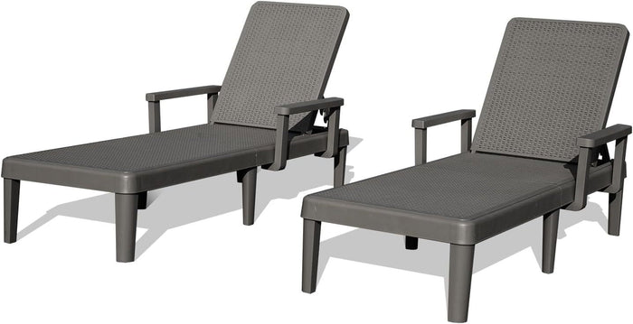 Pool Lounge Chairs Set of 2, Outdoor Lounge Chairs with 6 Positions Backrest Adjustable Armrest, Resin Waterproof Chaise Lounge Outdoor for Poolside Patio Garden Deck