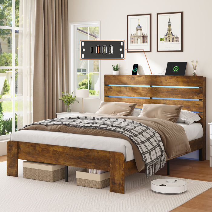 Queen Bed Frame with Headboard and Footboard, with Under Bed Storage, LED Lights, Charging Station,1200lbs CapacityAll-Metal Support System, No Box Spring Needed, Easy Assembly,Rustic BrowQ
