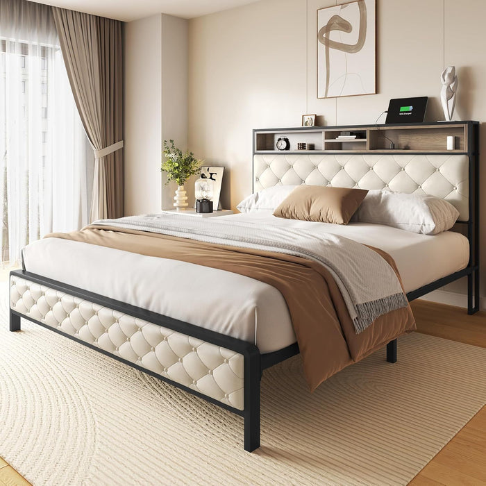 Queen Size Bed Frame, Platform Bed Frame with Charging Station, Upholstered Storage Headboard & Footboard Metal Slats Supports Mattress Foundation, No Box Spring Needed, Beige(No Drawers)