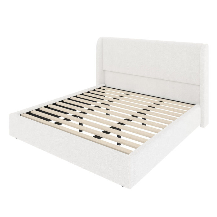 Queen Size Boucle Bed Frame, Upholstered Cloud Bed Frame with Headboard, Solid Wood Legs and Slats, No Box Spring Needed, White