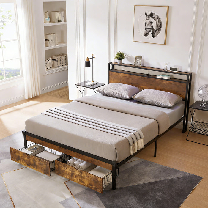 Queen Size Metal Platform Bed Frame with Wooden Headboard and Footboard with USB,Charging Station,2 Drawers, No Box Spring Needed, Easy Assemble