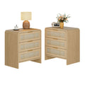 Rattan 3 Drawers Nightstand set of 2,  22.8' Wide Curved Wooden Bedside Table, Modern Storage for Bedroom, Natural Oak.