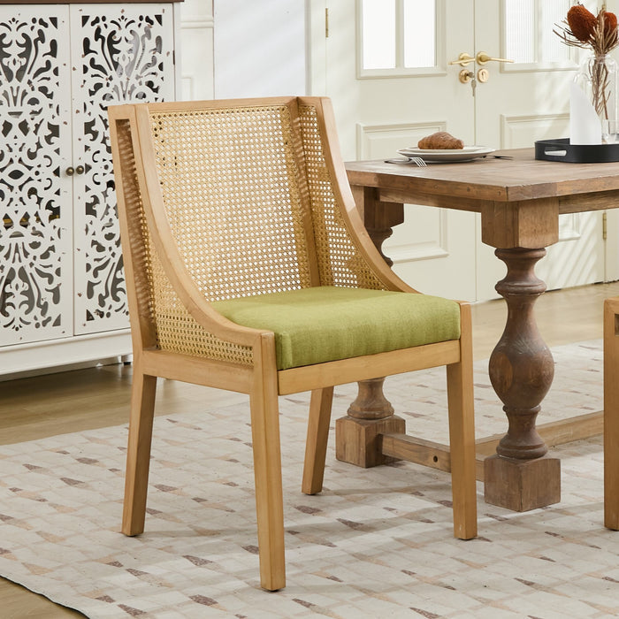 Rattan Dining Chairs, Solid Wood Frame with Decorative Armrests, Linen Upholstered Seat, Rustic Wooden Style Side Chairs for Kitchen, Dining Room, Living Room, Natural Finish,Olive Green,Single Pack