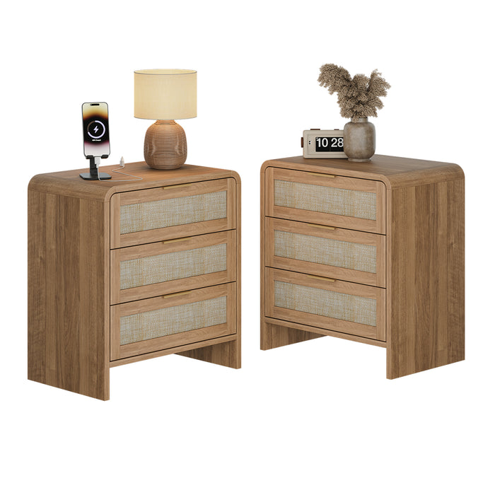 Rattan Nightstand with 3 Drawers set of 2, 22.8' Wide Curved Wooden Bedside Table, Modern Storage for Bedroom, Caramel Oak.