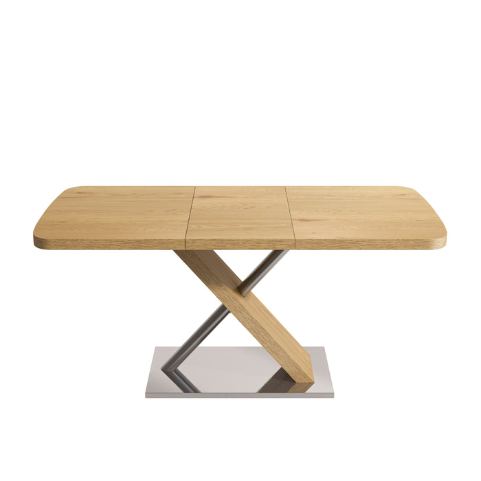 Retractable Square Dining Table, Natural Wood Finish, Seating 4-6 People, Cross Metal Base with Stainless Steel Tubing, 47.25'-63' Expandable