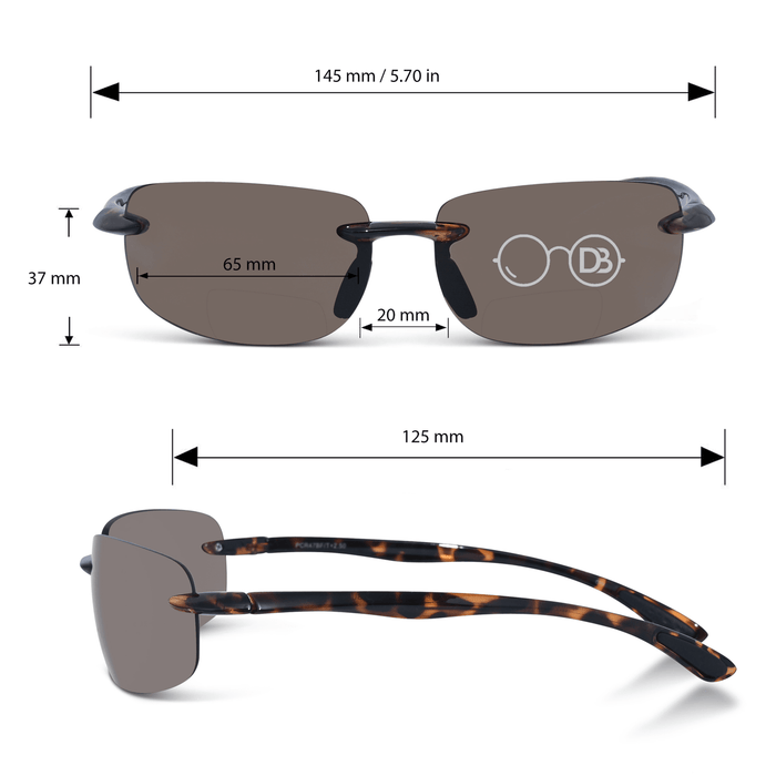 DebSpecs Rimless wrap bifocal sun readers Tortoise with Amber Lens infographic