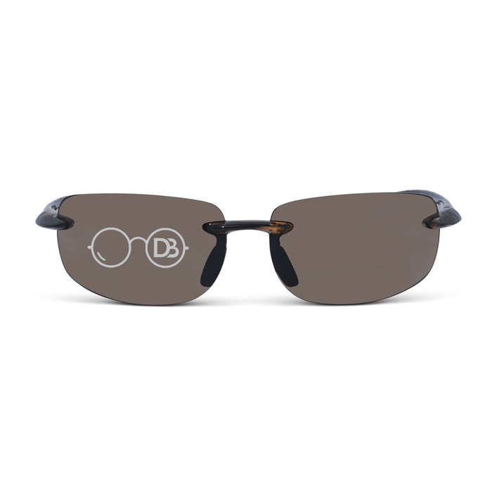 DebSpecs Rimless wrap bifocal sun readers Tortoise with Amber Lens front view