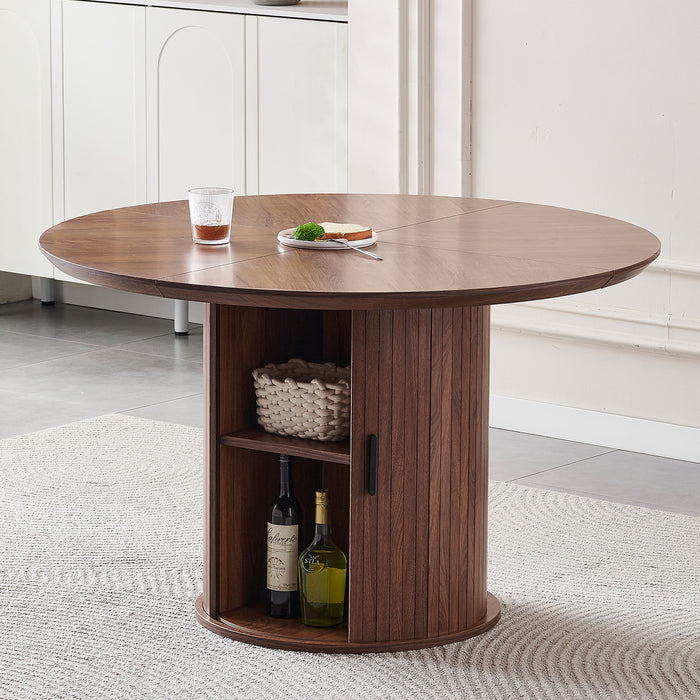 Round Dining Table with Two Layers of Storage Shelves. Wood Tea Desk, Flexible-opening Storage Door. Large storage space, Living Room or Kitchen