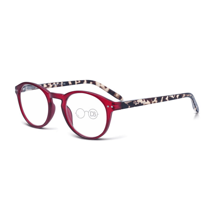 DebSpecs Reading Glasses oc305 Red with Tort Stem angled view
