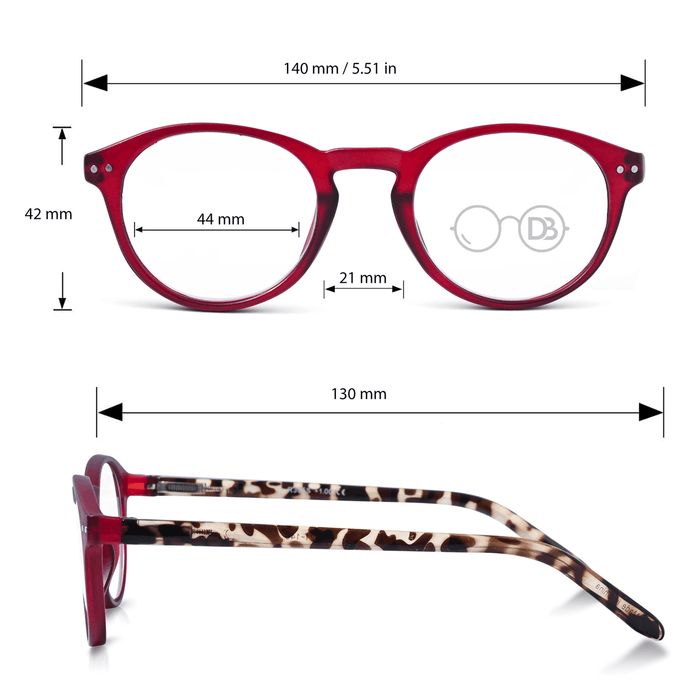 DebSpecs Reading Glasses oc305 Red with Tort Stem infographic