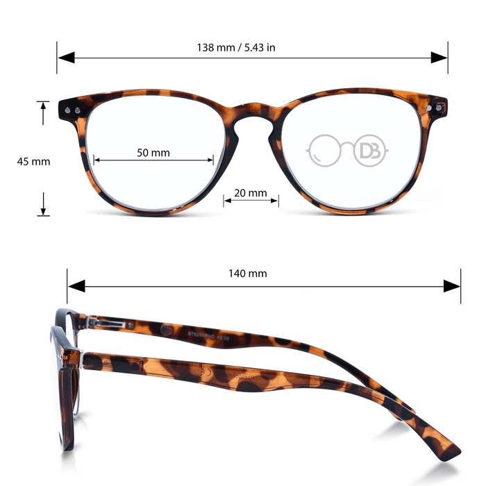 DebSpecs Round Photochromic Reading Glasses Inside or Outside Tortoise infographic