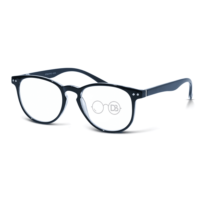DebSpecs Round Photochromic Reading Glasses Inside or Outside Black angled view