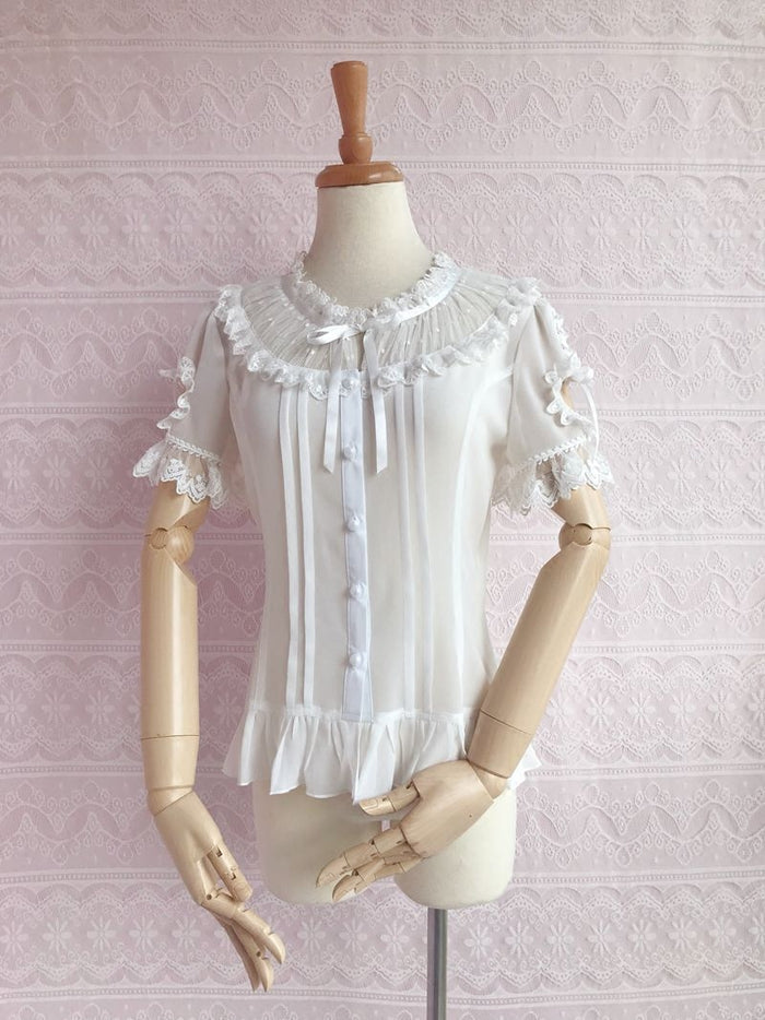 Ruffled Collar Short Sleeve With Heart Cut Outs Blouse
