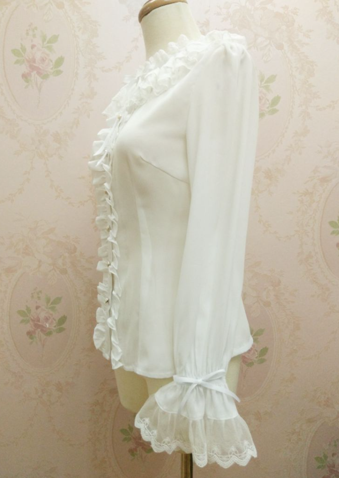 Ruffled Double Lace Collar With Bow Long Sleeve Blouse