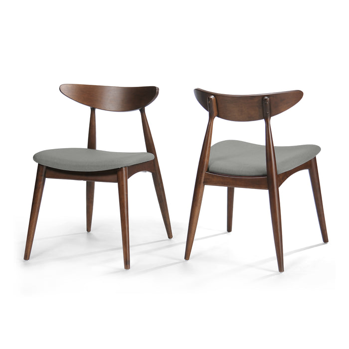 Set of 2 Retro Rubberwood Dining Chairs with Ergonomic Back & Plush Cushions in Walnut and Light Gray, Solid Rubberwood Frame with TSCA-Certified Foam Seats