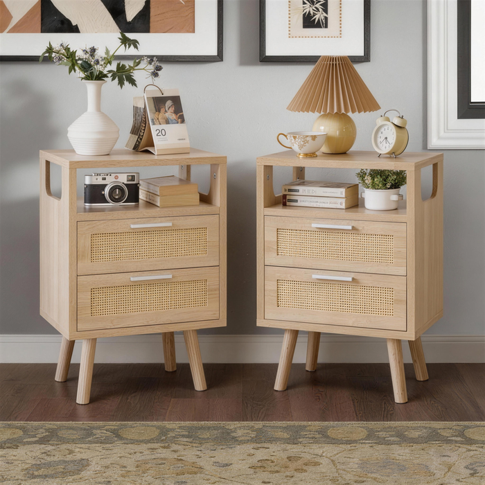 Set of 2 with 2 Drawers, 15.4' Modern Storage Bedside Table with  Handles, Wooden End Table for Bedroom,Natural Wood