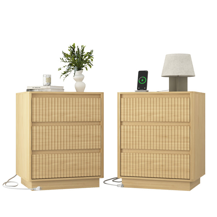 (Set of 2)End Table with Fast USB C Charging Station, Sofa Side Table with 3Drawers, Large Storage Modern Wood Storage Cabinet for Living Room,Bedroom,Office, Natura;