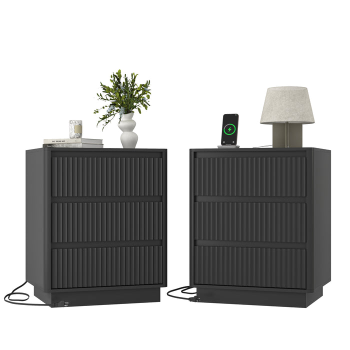 (Set of 2)End Table with Fast USB C Charging Station, Sofa Side Table with 3Drawers, Large Storage Modern Wood Storage Cabinet for Living Room,Bedroom,Office, Black