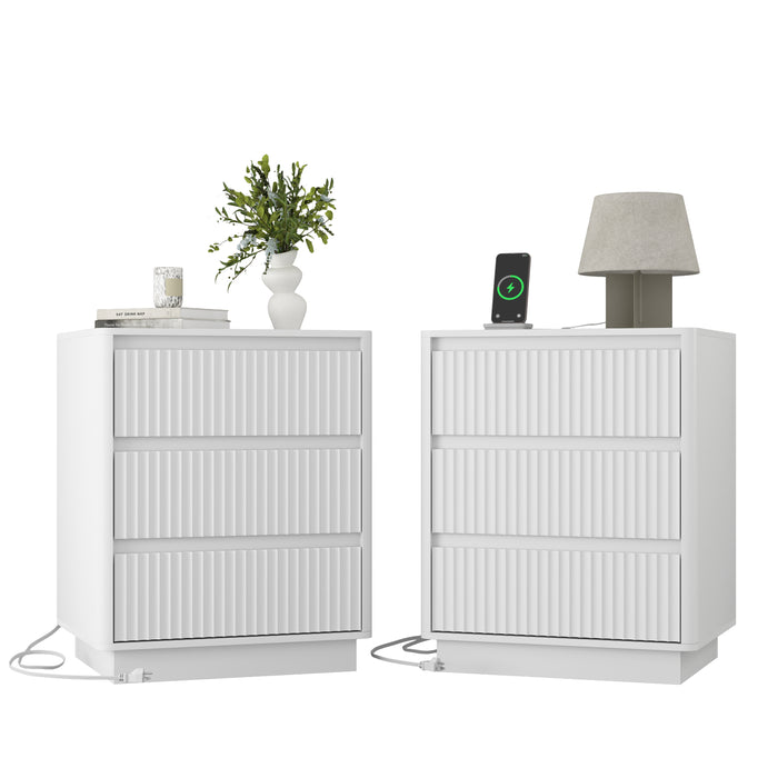 (Set of 2)End Table with Fast USB C Charging Station, Sofa Side Table with 3Drawers, Large Storage Modern Wood Storage Cabinet for Living Room,Bedroom,Office, White